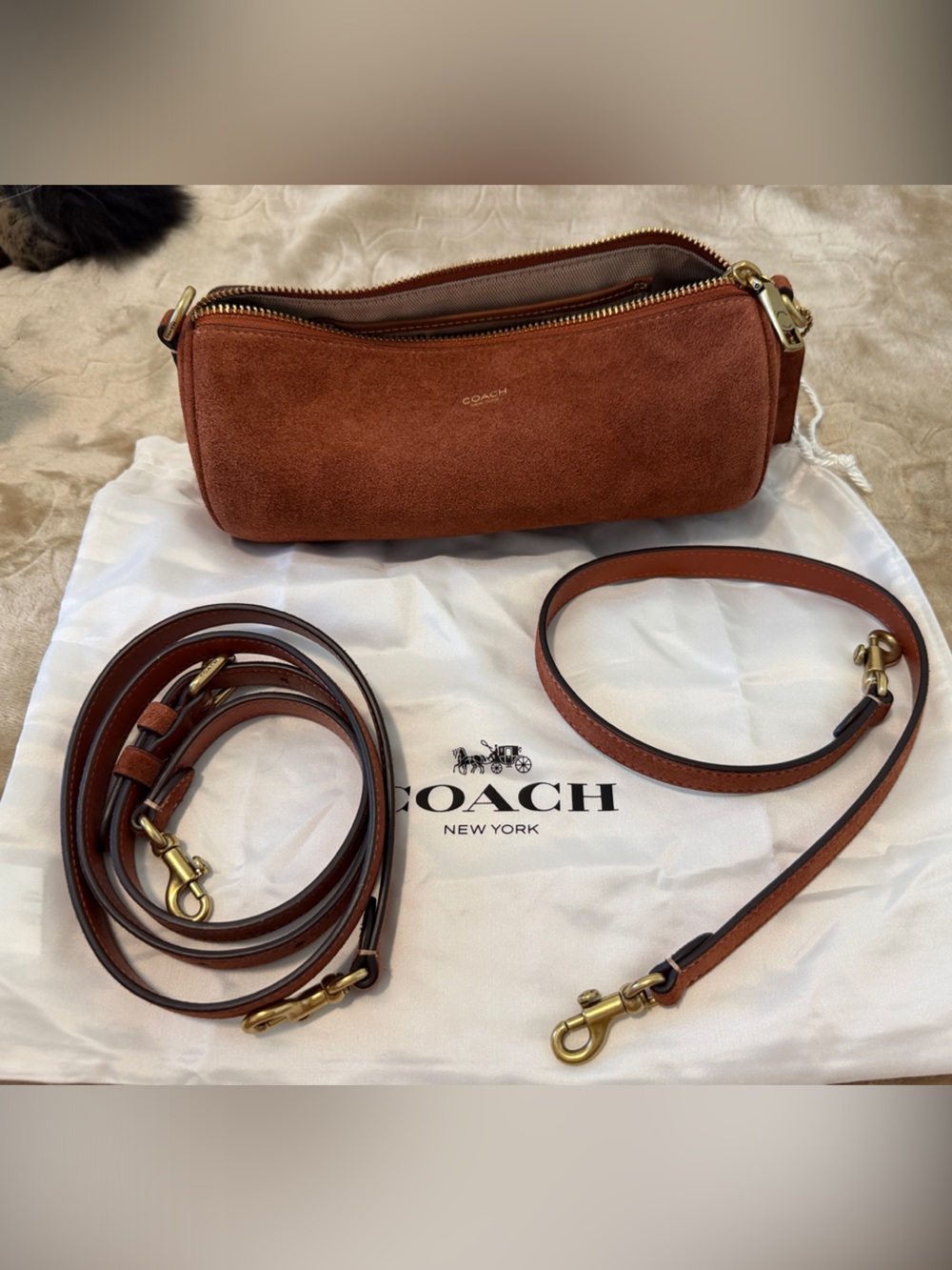 Coach Rust Suede Convertible Barrel Bag